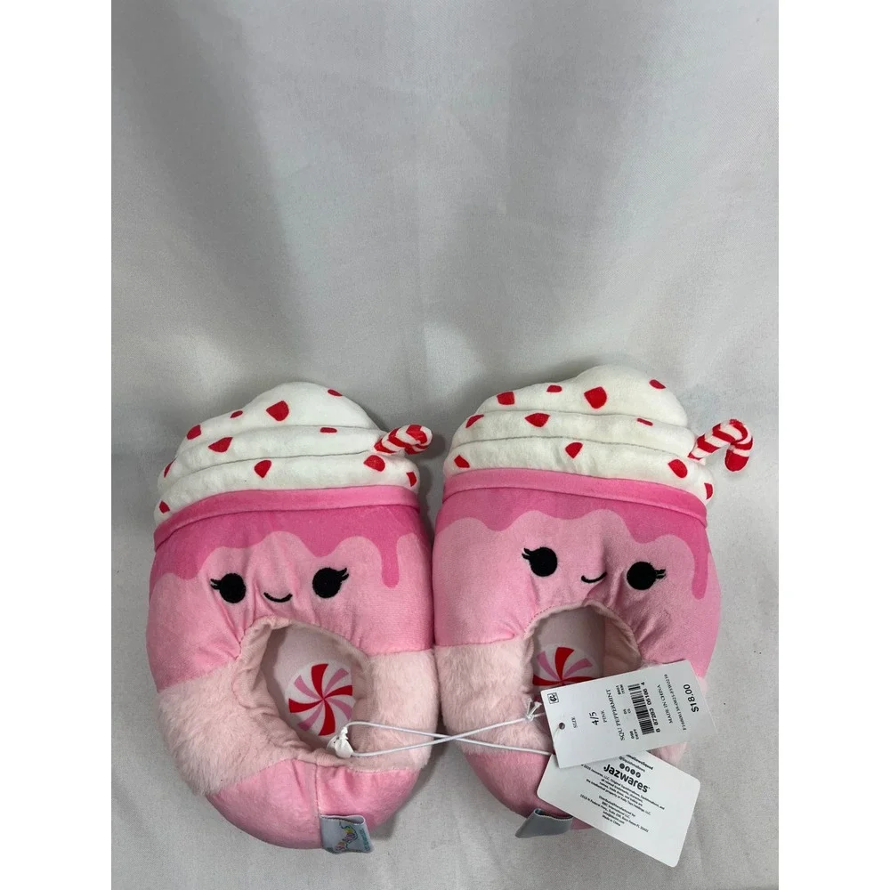 Squishmallows Peppermint Hot Cocoa Pink Plush Slippers Kids Size 4/5 NWT Holiday
